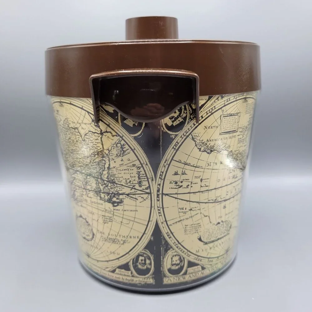 Vintage Thermo-Serv West Bend USA Brown Lid Ice Bucket With World Map Design